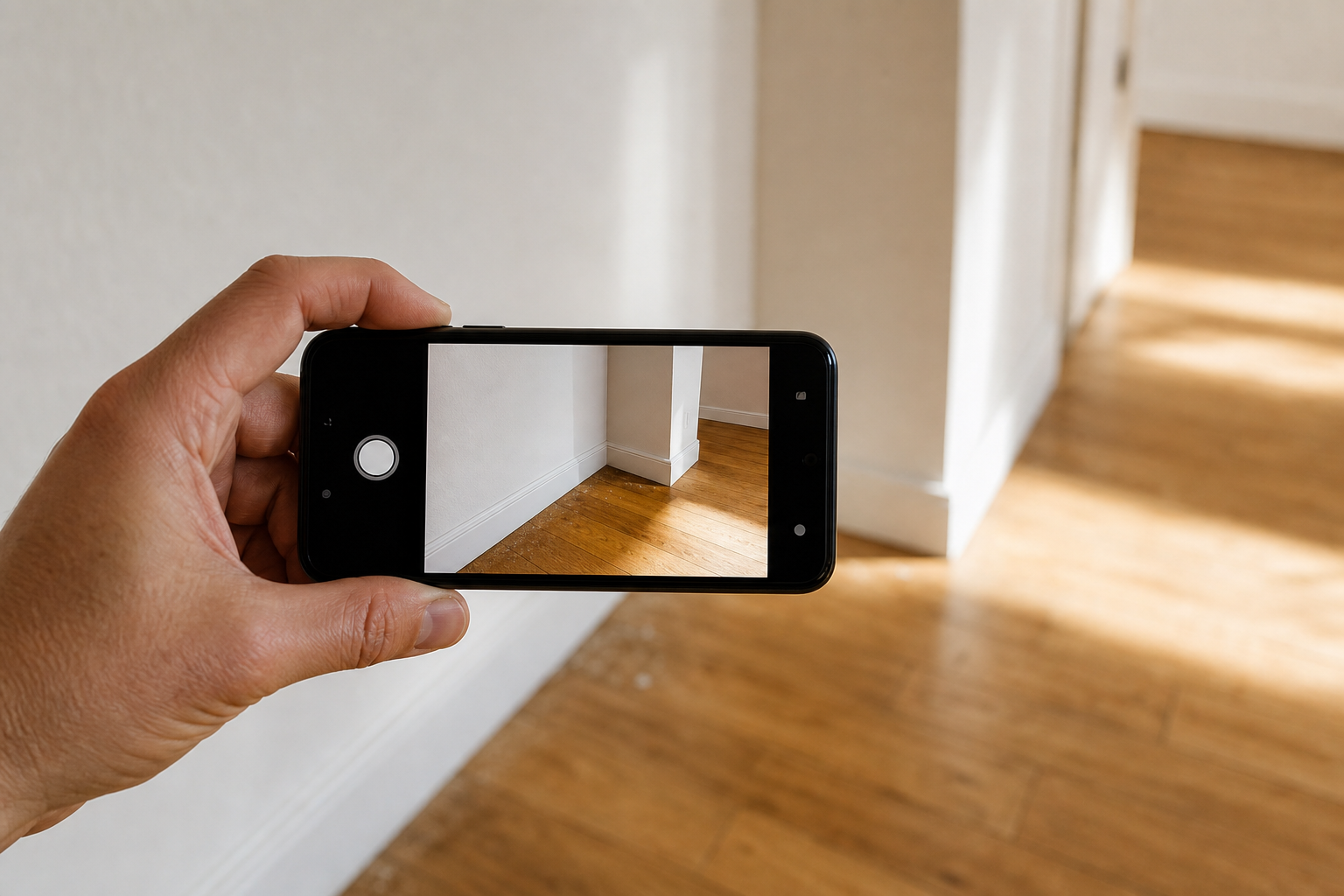 A renter's hand holds an iPhone, photographing a wall outlet and baseboard for move-out documentation, soft daylight.