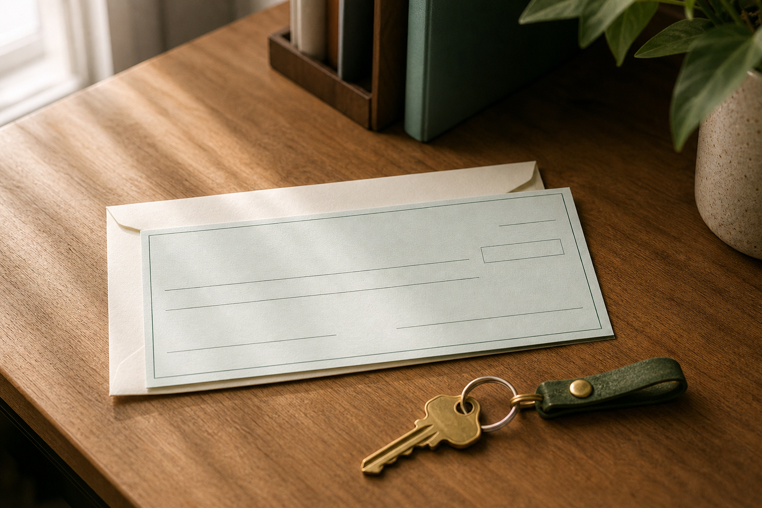 A neatly arranged keyring and a check sit on a kitchen counter beside a calendar with a date circled, soft morning light, warm tones.