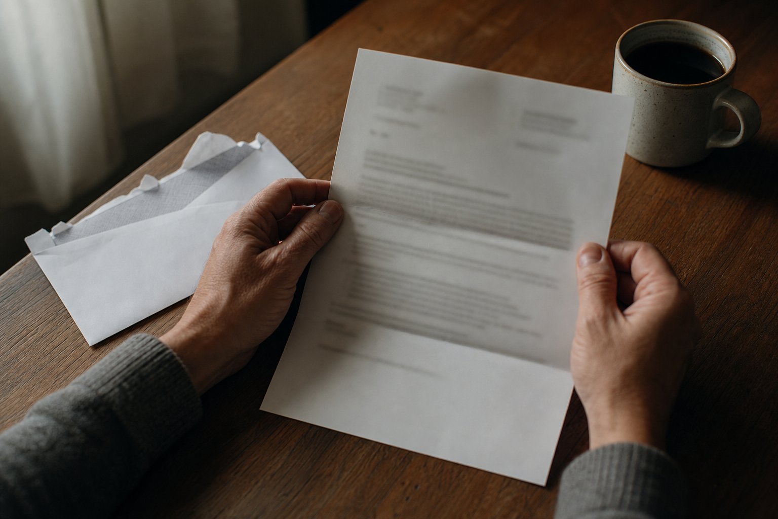 A folded eviction notice envelope sits on an apartment entryway table with keys and a coat, late afternoon light through the window.