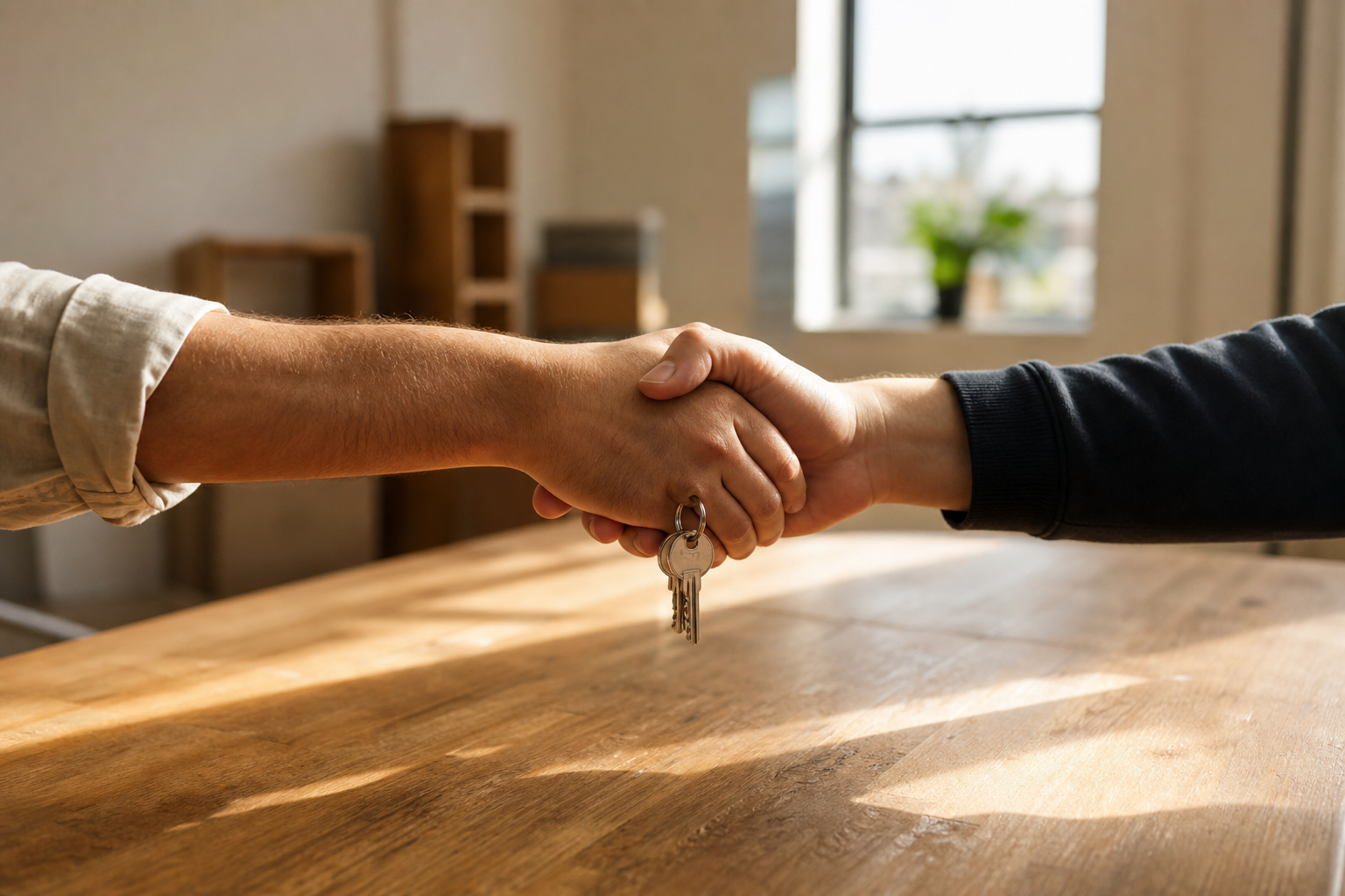 Two hands meet in a handshake over a kitchen counter beside a single house key, no faces visible, warm soft daylight.