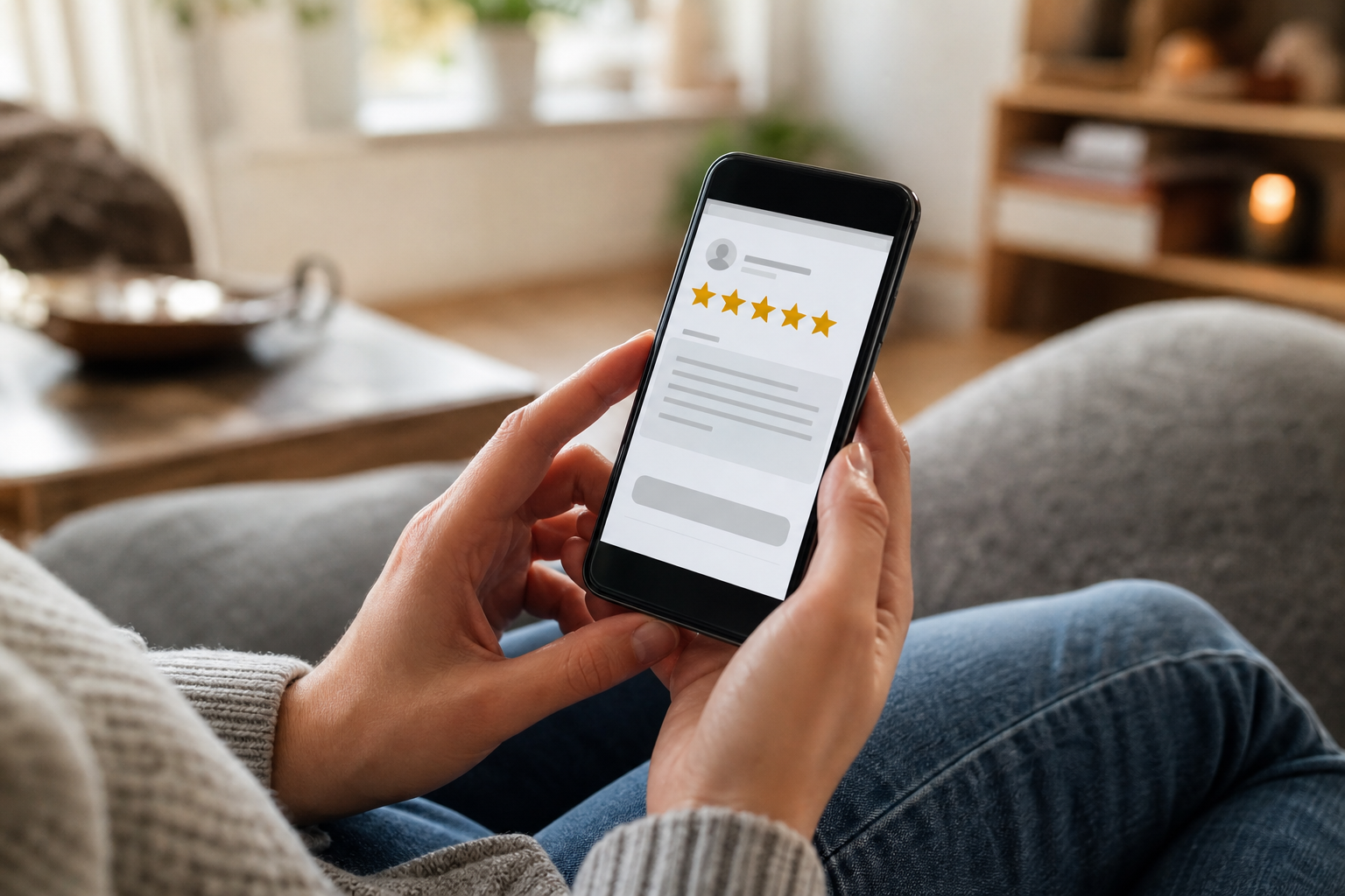 A person's hands holding a smartphone showing a star rating review interface, sitting in a cozy apartment.