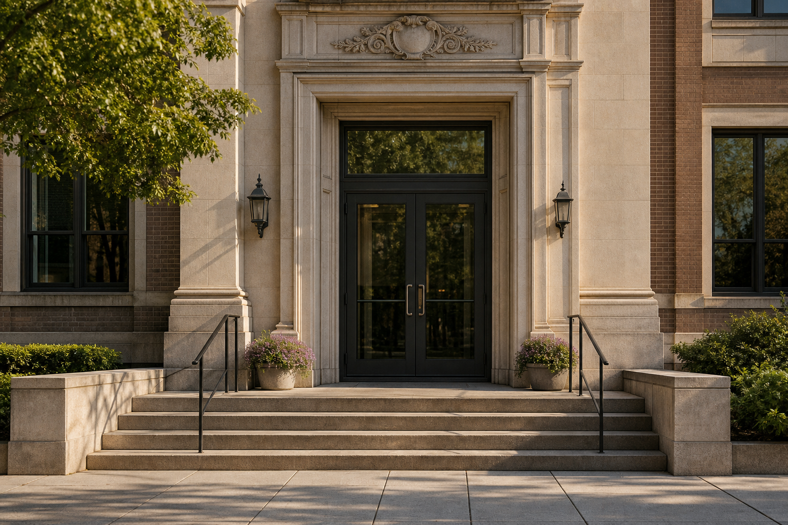 Stone steps and front facade of a Midwestern city hall building, no people or readable signage, soft daylight.