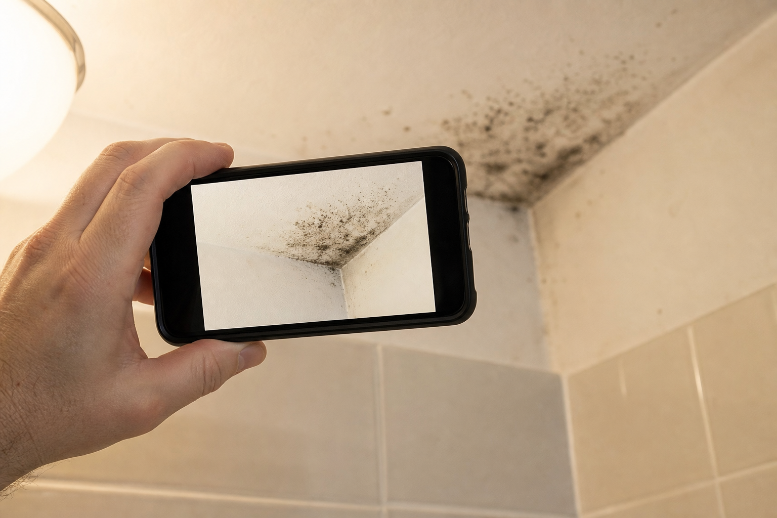 A renter's hand holding an iPhone, framing a close-up of moldy bathroom caulk, soft indoor light.