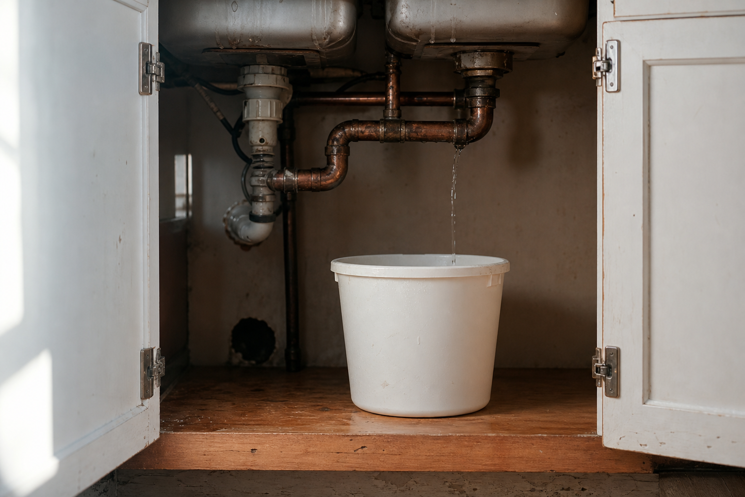 A bucket catches a steady drip from a stained kitchen ceiling, water rings visible, late afternoon light.
